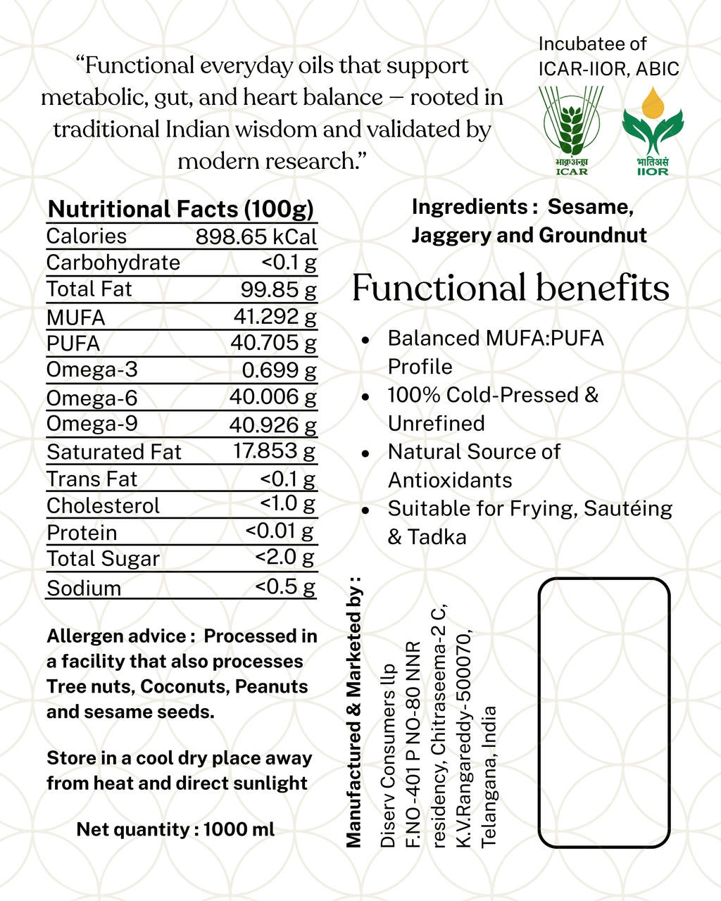 Sabha Cold pressed Sesame & Groundnut Oil Blend - 1L