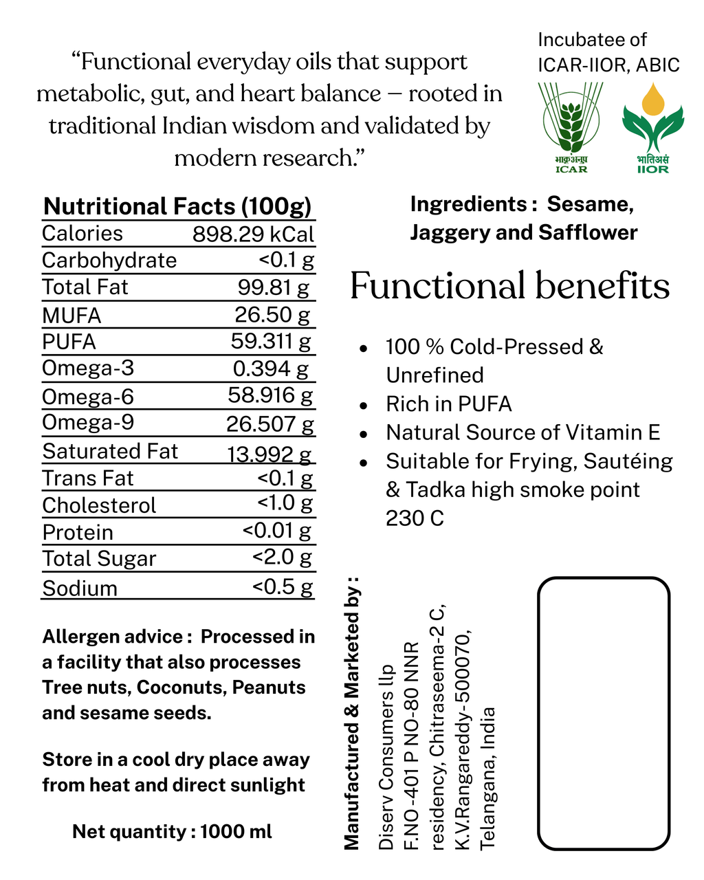 Sabha Cold pressed Safflower & Sesame Oil Blend - 1L